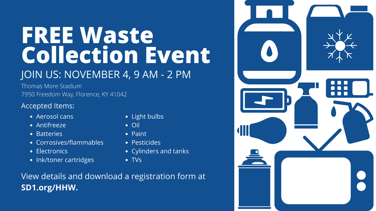 Graphic with items that says: FREE Waste Collection Event Join us: November 4, 9 AM - 2 PM